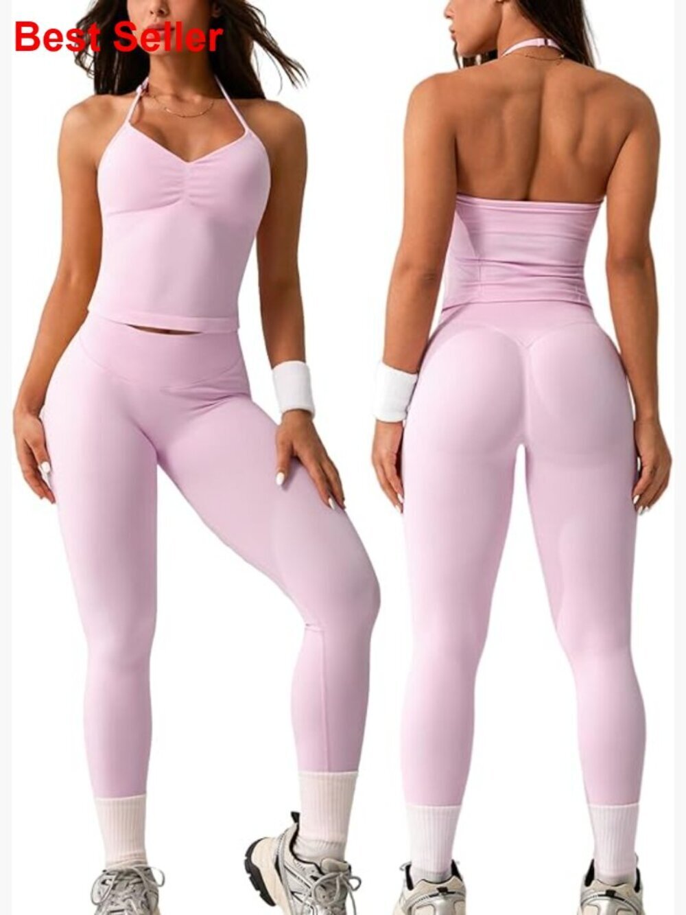 Ribbed Seamless Workout Set Halter Bra High Waisted Leggings